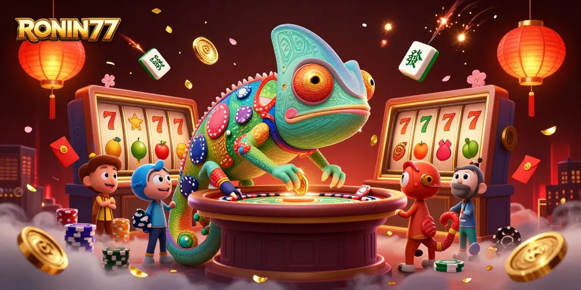 Experience thrilling gameplay with RONIN77 slot games surrounded by festive casino elements.