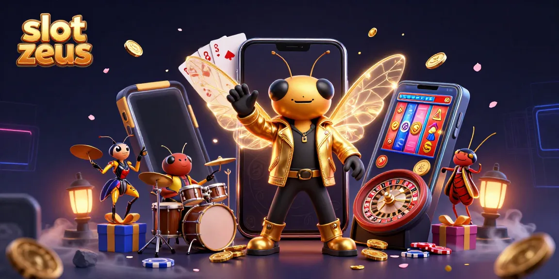 Slot Zeus menampilkan cicada rock star di kasino yang meriah dengan simbol permainan dan koin emas.