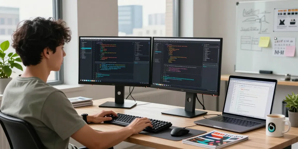 Dynamic software developer workspace with dual monitors and code.