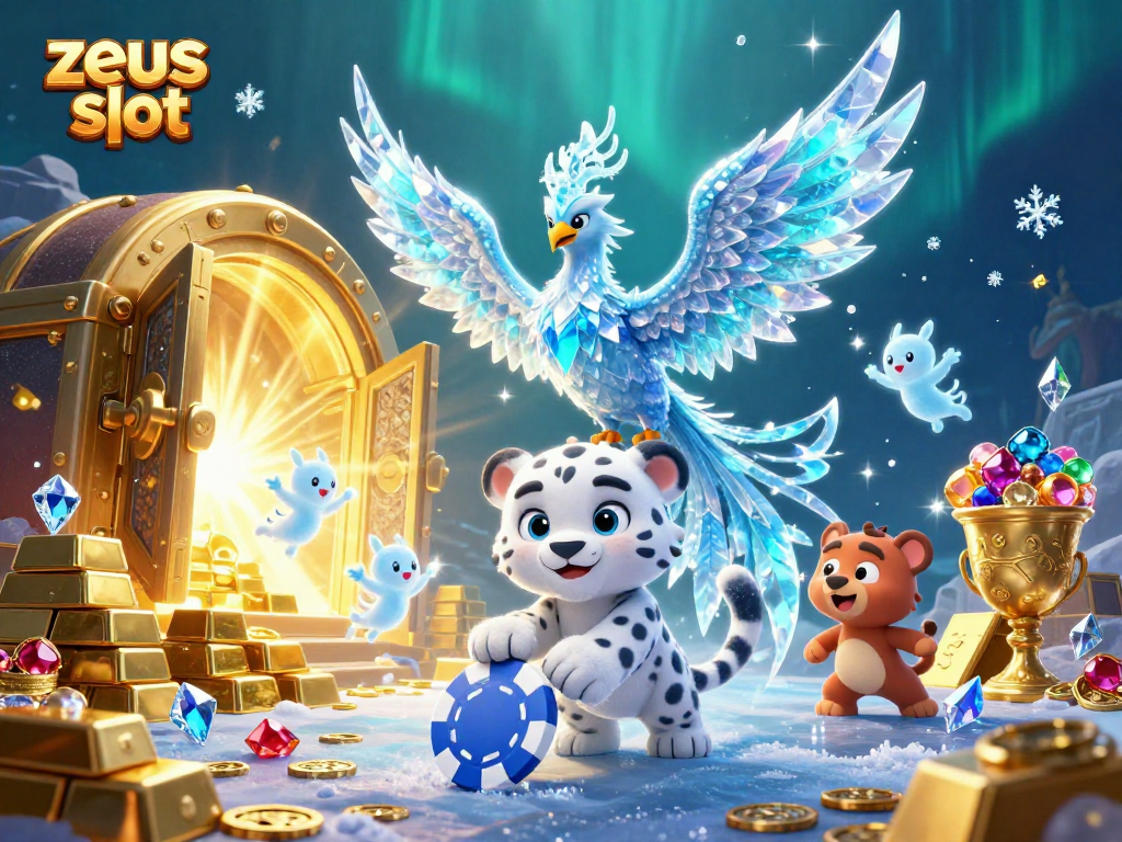 Spin to win big with zeus slot amid a magical scene of ice phoenixes and treasures!