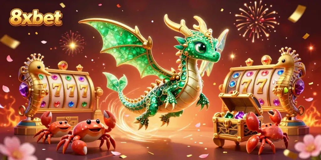 Play exciting games with 8xbet, featuring a vibrant casino scene filled with rich details and fun