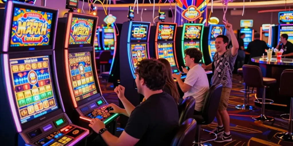 Exciting slot maxwin moment at a vibrant casino with players celebrating wins amidst colorful machines