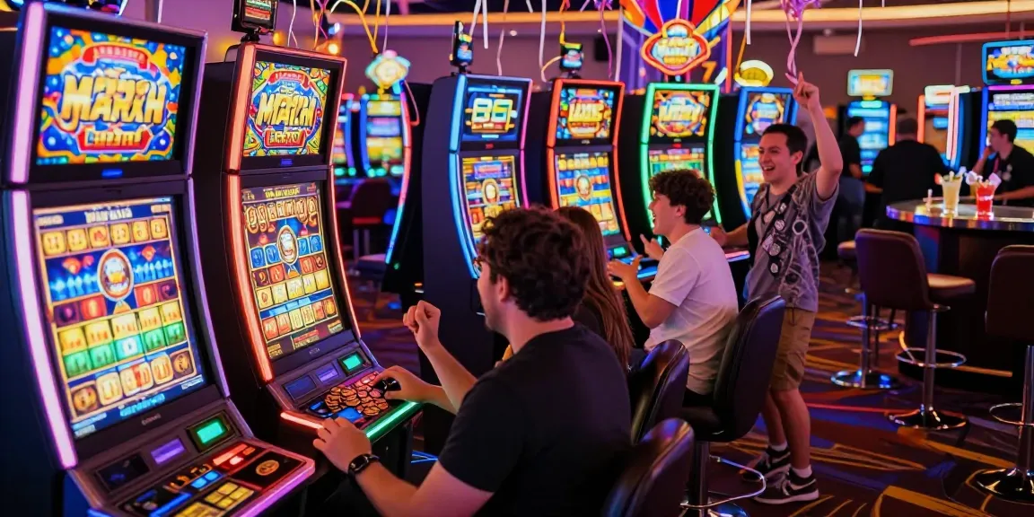 Exciting slot maxwin moment at a vibrant casino with players celebrating wins amidst colorful machines