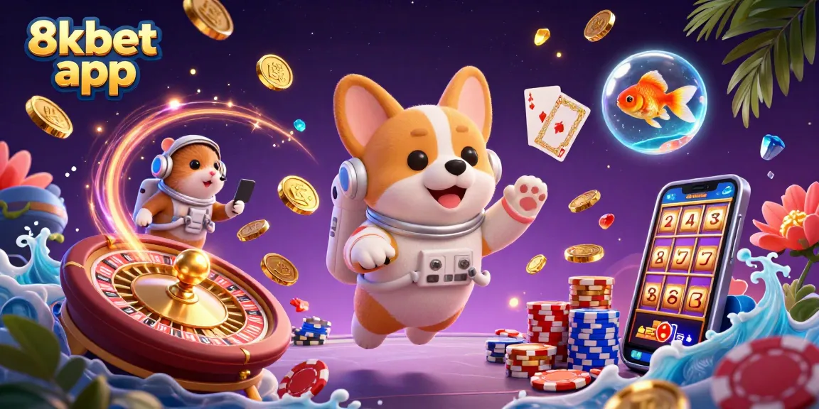 Engage with the exciting 8xbet app through a vibrant 3D casino scene featuring cartoon characters and dynamic game elements.