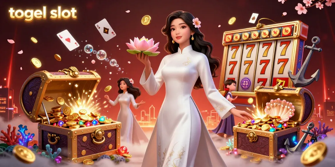 Experience the excitement of togel slot with a serene Asian woman holding a golden coin amidst dynamic gaming elements.