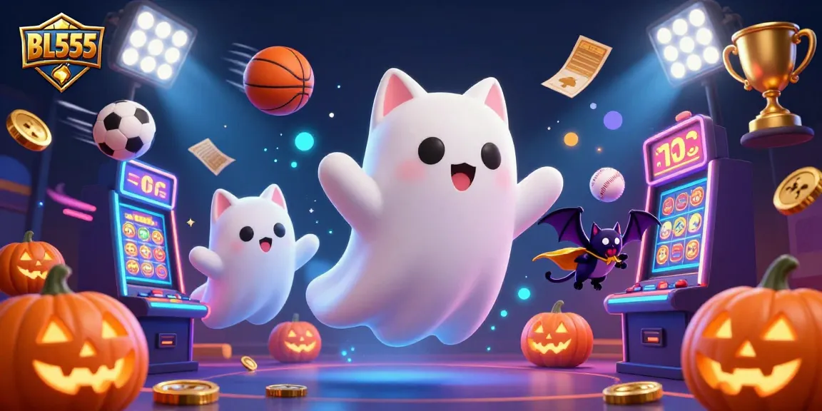 Experience thrilling games at BL555 with a dynamic casino scene featuring a ghost cat and sports elements.