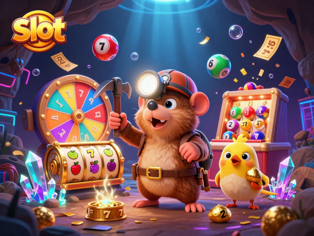 Experience exciting slot action with a cartoon mole and joyful elements in a vibrant casino scene.