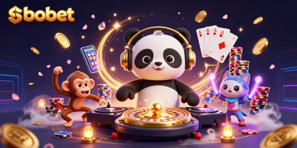 Spin and win with sbobet in an exciting casino dance scene featuring vibrant characters and dynamic game elements.