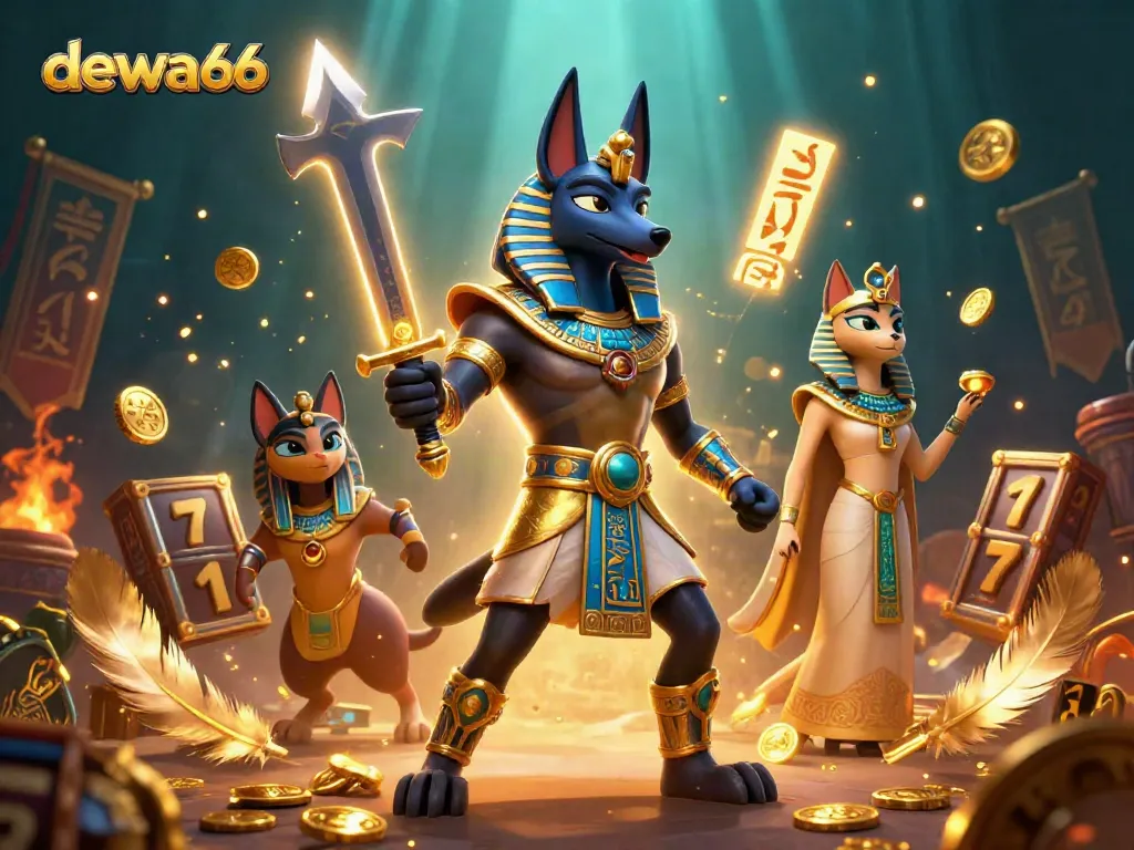 Win big with dewa66 as Anubis and Bastet bring the casino atmosphere alive in this gaming illustration.