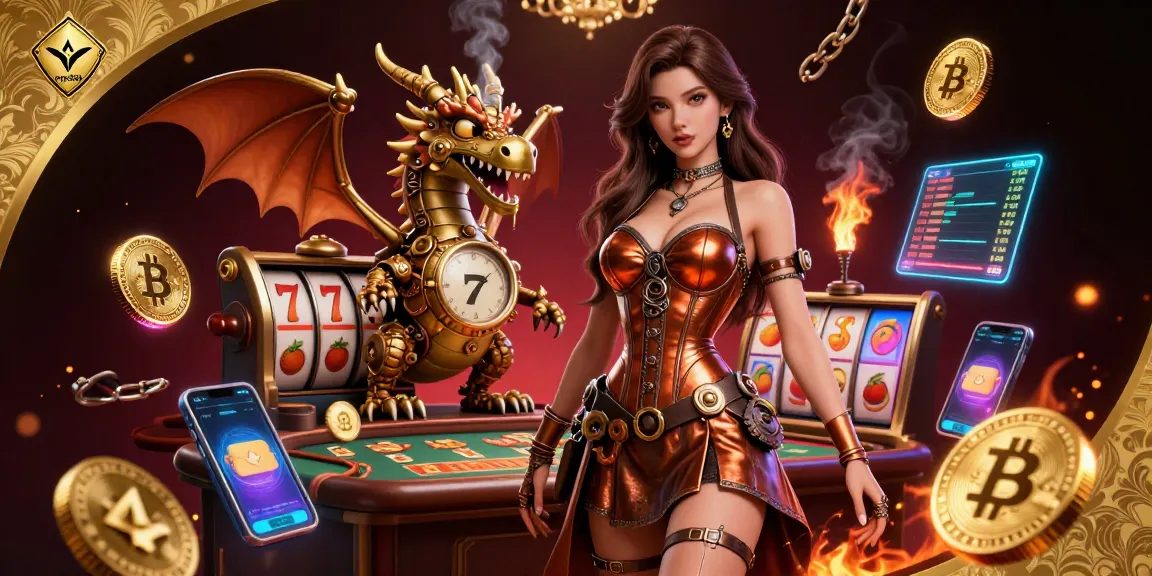 Win big at mpo500 with a stunning steampunk dragon and slot machine-themed illustration.