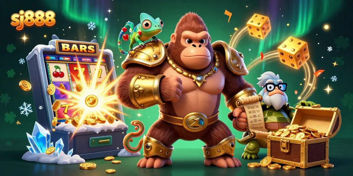 Join the excitement of sj888 with a dynamic casino scene featuring a gorilla king and a jackpot explosion!