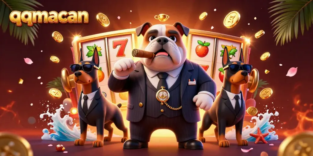 Experience thrilling slots with qqmacan as a mafia boss bulldog and sidekicks celebrate wins.