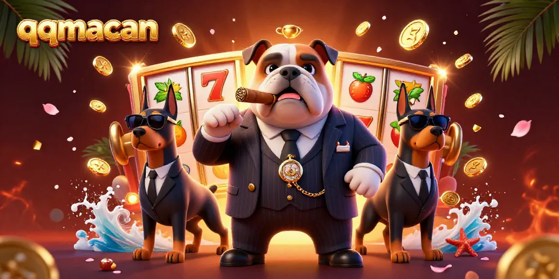 Experience thrilling slots with qqmacan as a mafia boss bulldog and sidekicks celebrate wins.