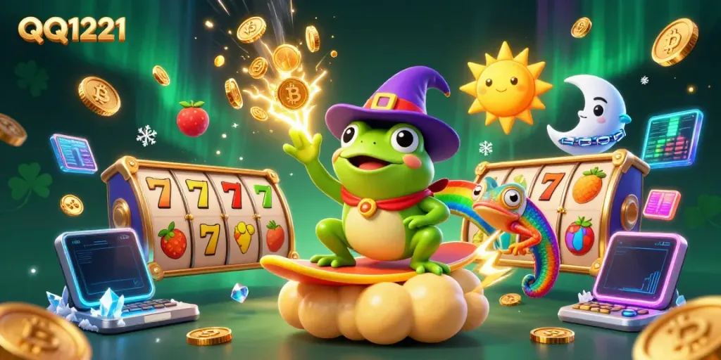 Experience the thrill of QQ1221 with a magical scene of a wizard frog and chameleon amidst swirling coins.