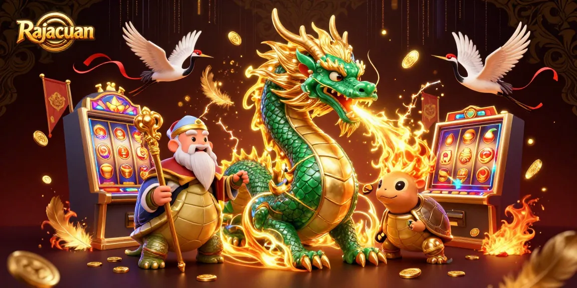 Rajacuan showcases a captivating scene with a jade dragon and vibrant slot machines, enhancing your gaming experience.
