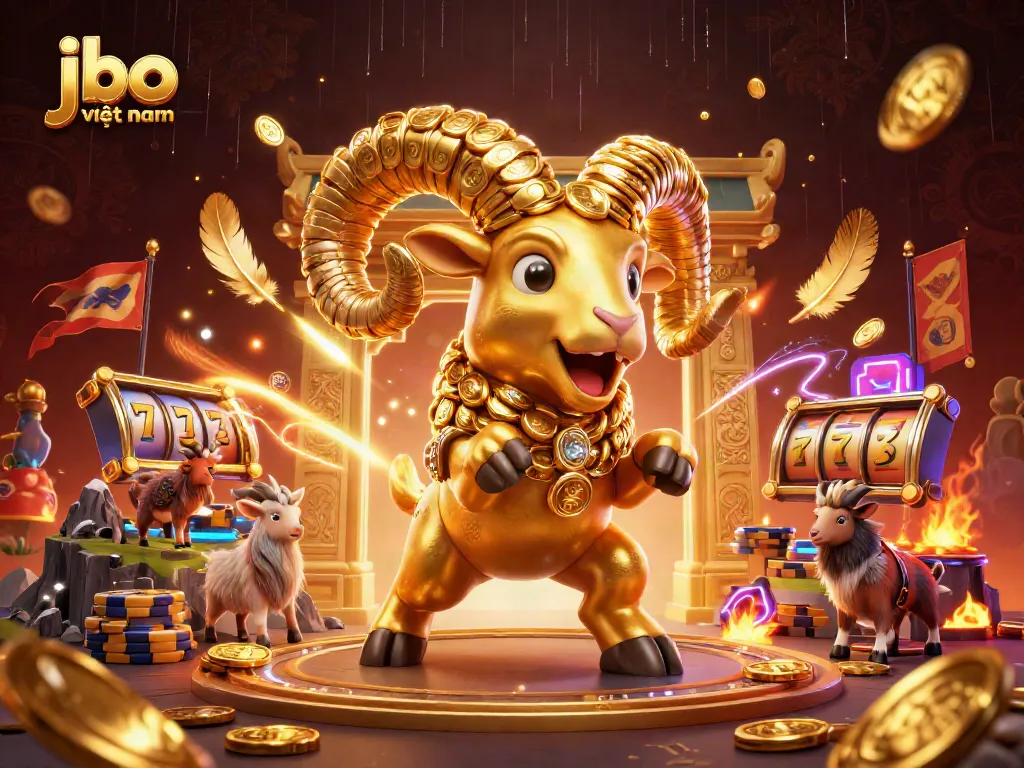 Experience the excitement of winning at jbo việt nam with a dynamic casino scene featuring a golden ram, slot reels, and vibrant coins.