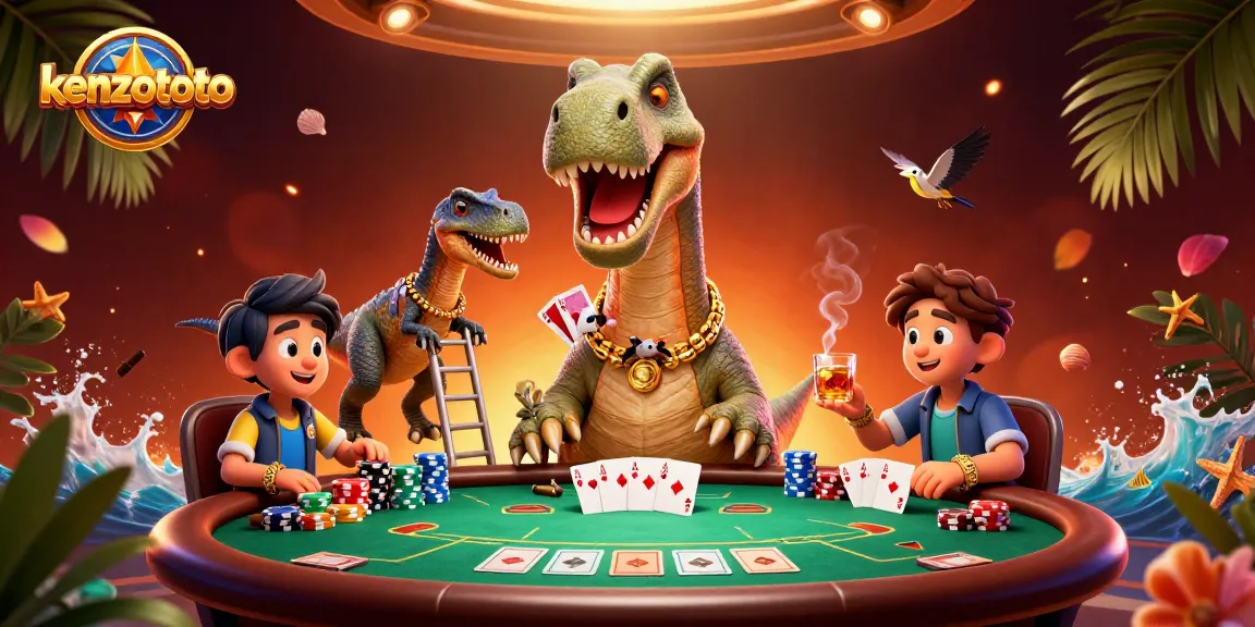 Kenzototo interactive experience showcasing a 3D cartoon brontosaurus and clever raptor dealing cards at unique poker table.
