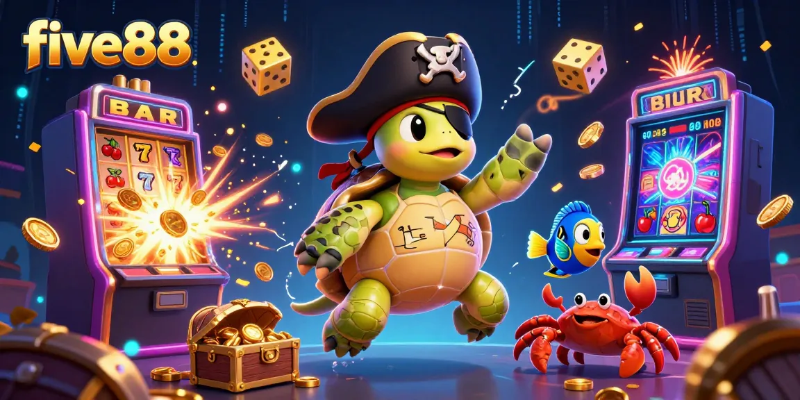Experience the excitement of winning at five88 with a cartoon turtle and treasure elements in a vibrant casino scene.