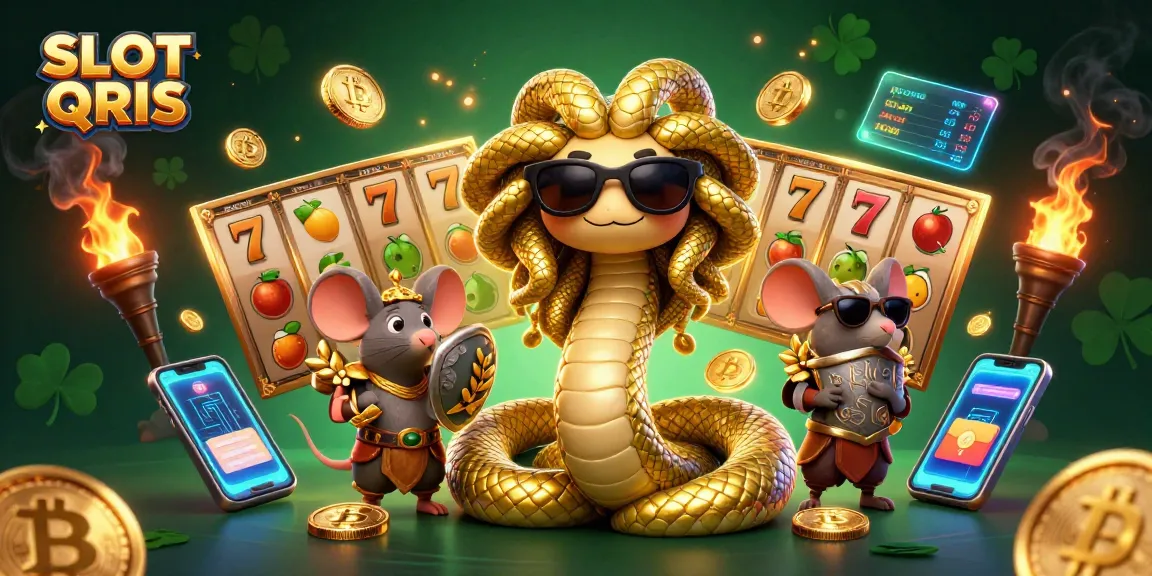 Spin, win and explore SLOT QRIS magic with cute Medusa and warrior mouse in this vibrant digital art.