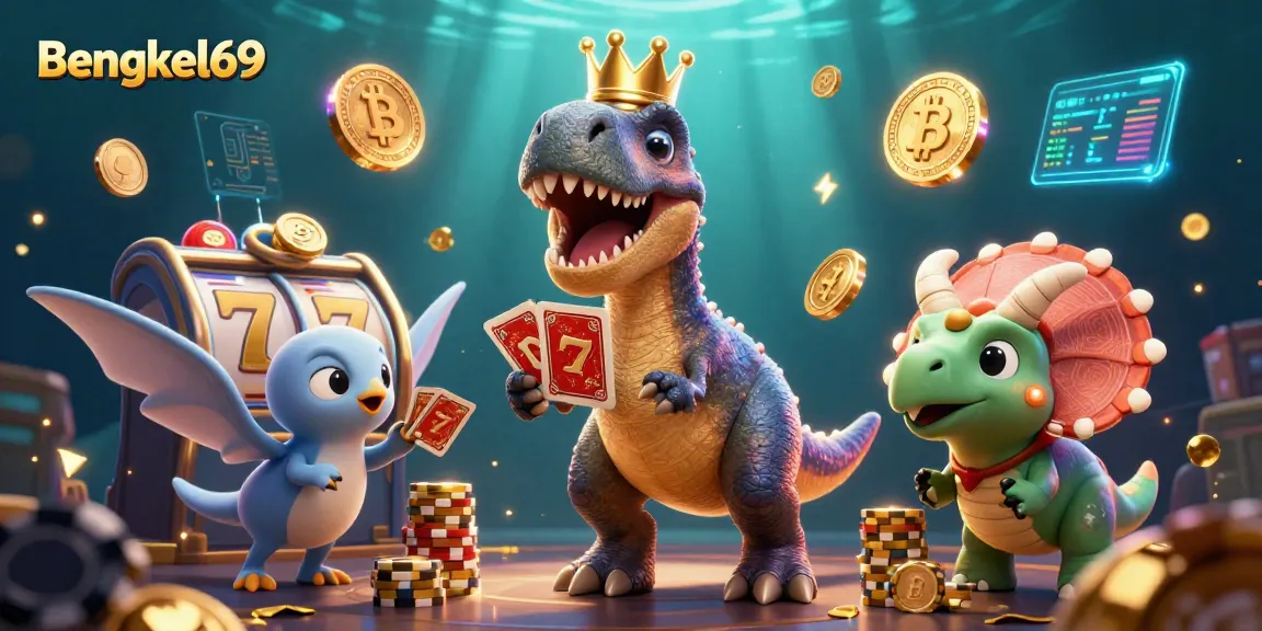 Bengkel69 showcases a vibrant 3D cartoon casino scene with dinosaurs shuffling cards and stacking chips amidst slot machines.