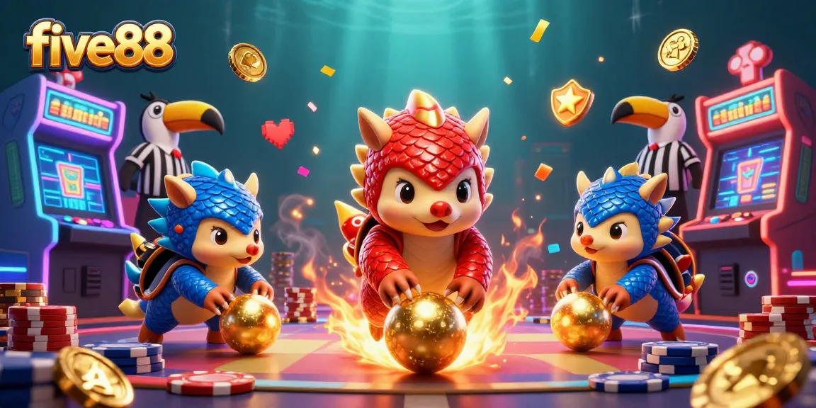 Engage with five88 in a competitive casino scene with colorful pangolins and vibrant gaming elements.