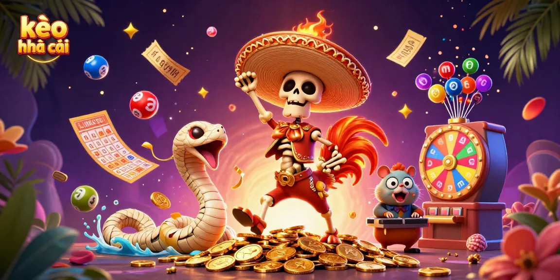 Celebrate betting success with exciting kèo nhà cái themed characters amidst vibrant casino elements.