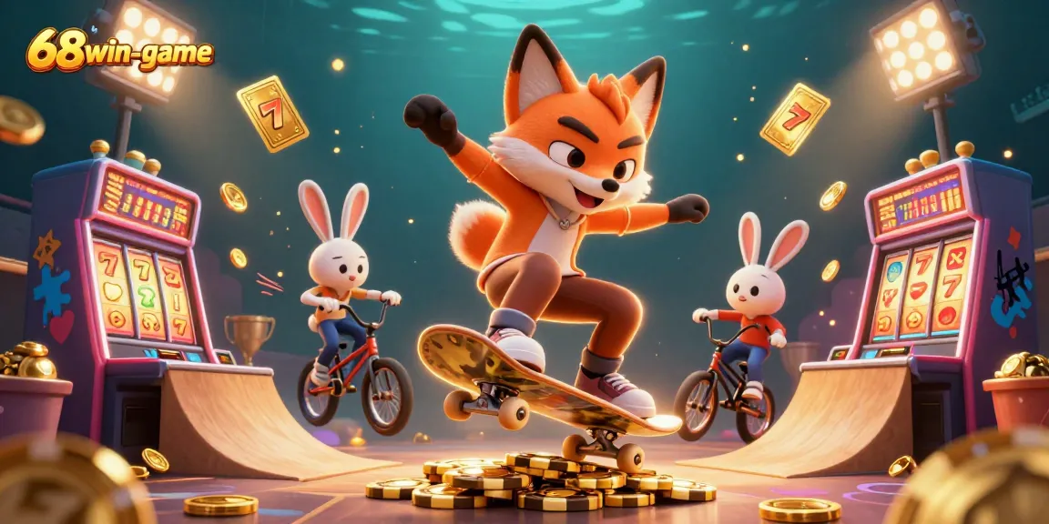 An exhilarating scene of the 68win-game featuring a skateboarder fox and BMX rabbit in a casino realm filled with golden slots, trophy, and dynamic game elements.