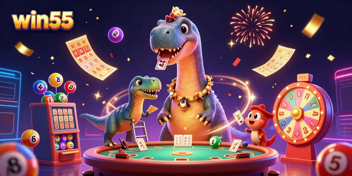 Engage with win55 through this vibrant casino scene filled with excitement and colorful game elements.