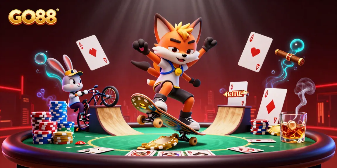 GO88 showcases a thrilling casino scene with a fox skateboarder and rabbit BMX rider in action.