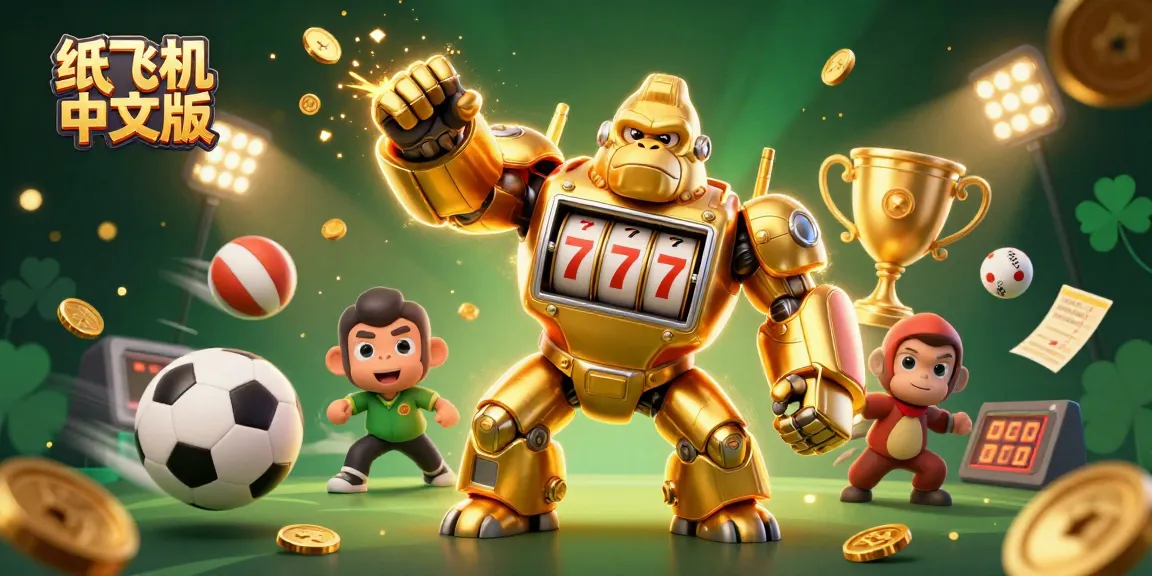 Engage with 纸飞机中文版 in this vibrant 3D casino scene featuring dynamic sports betting elements and a golden gorilla mech.