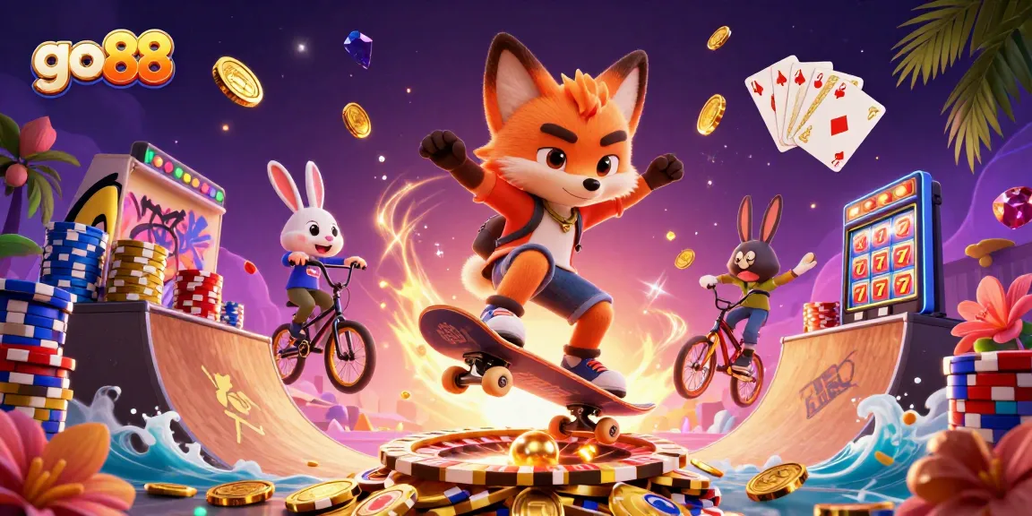 Celebrate big wins with go 88 as cartoon foxes kickflip over poker chips amidst cascading casino elements.