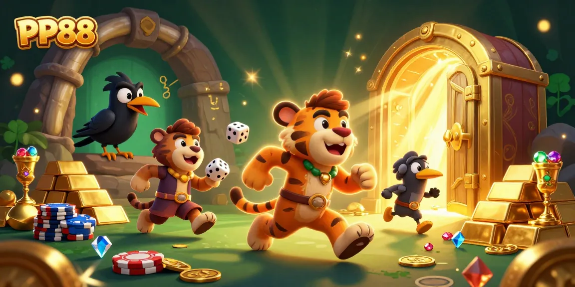 Experience thrilling gaming adventures at PP88 with vibrant casino elements in a cartoonish prehistoric setting.
