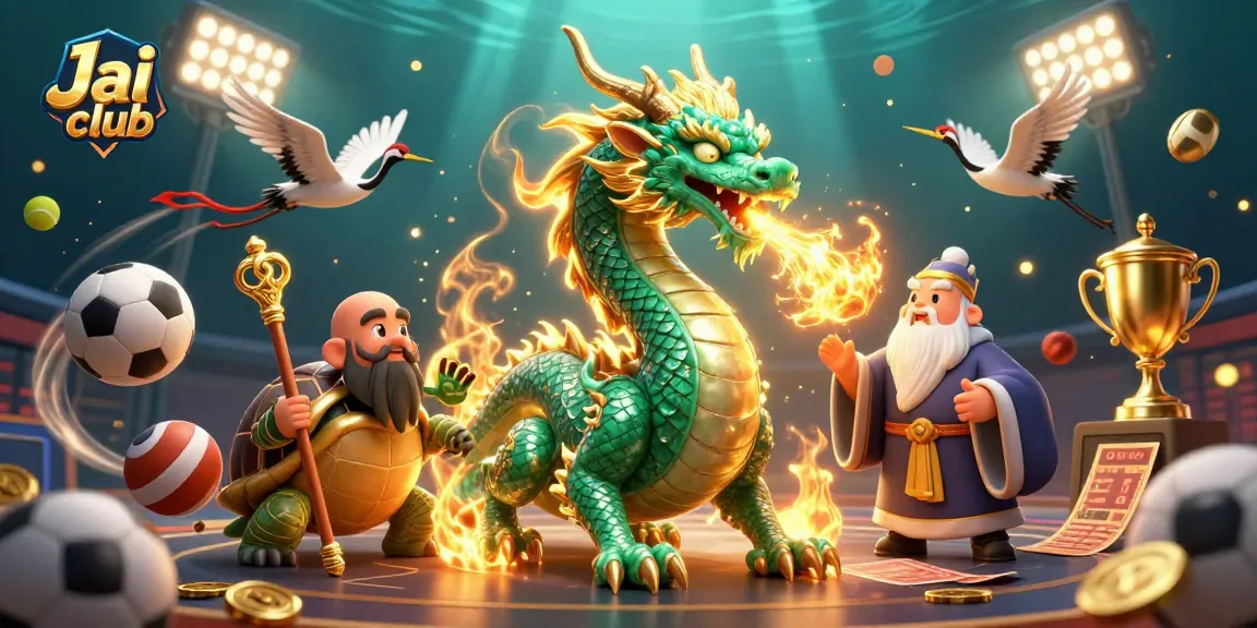 Place bets at Jai club while enjoying a vibrant 3D illustration of a dragon and sports elements.