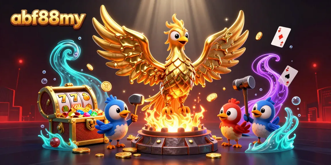Experience the thrilling afb88my sunset with a golden phoenix and casino symbols.