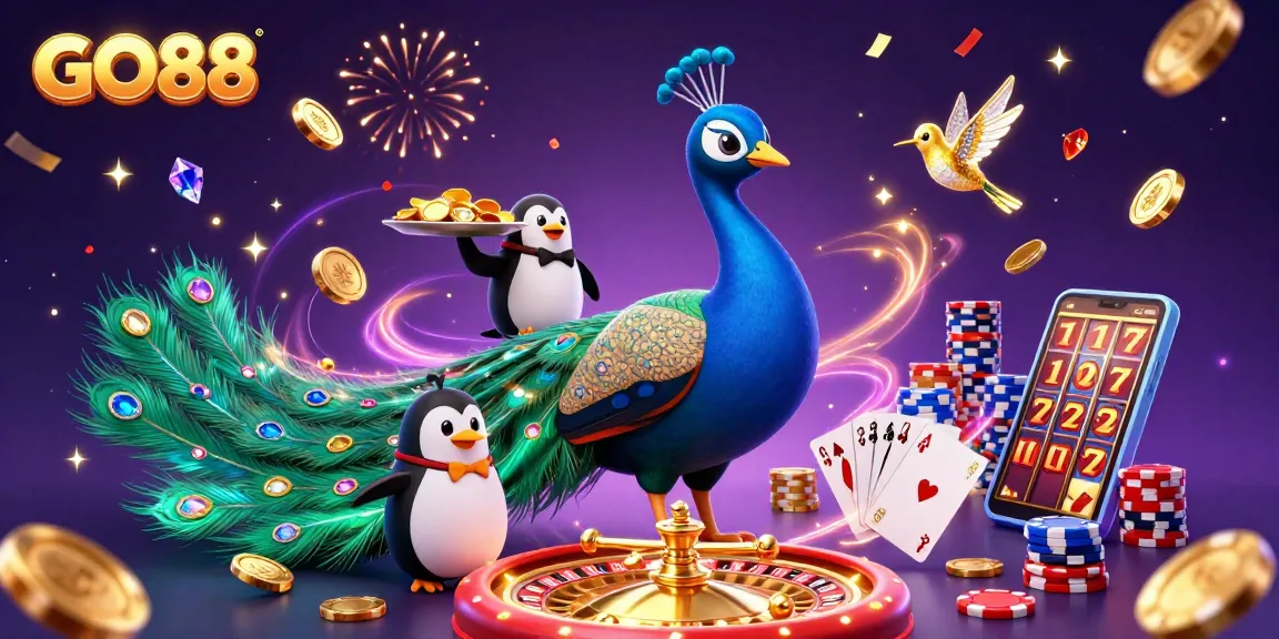 Spin to win at GO88 with a lively casino atmosphere featuring lucky symbols and rich details.