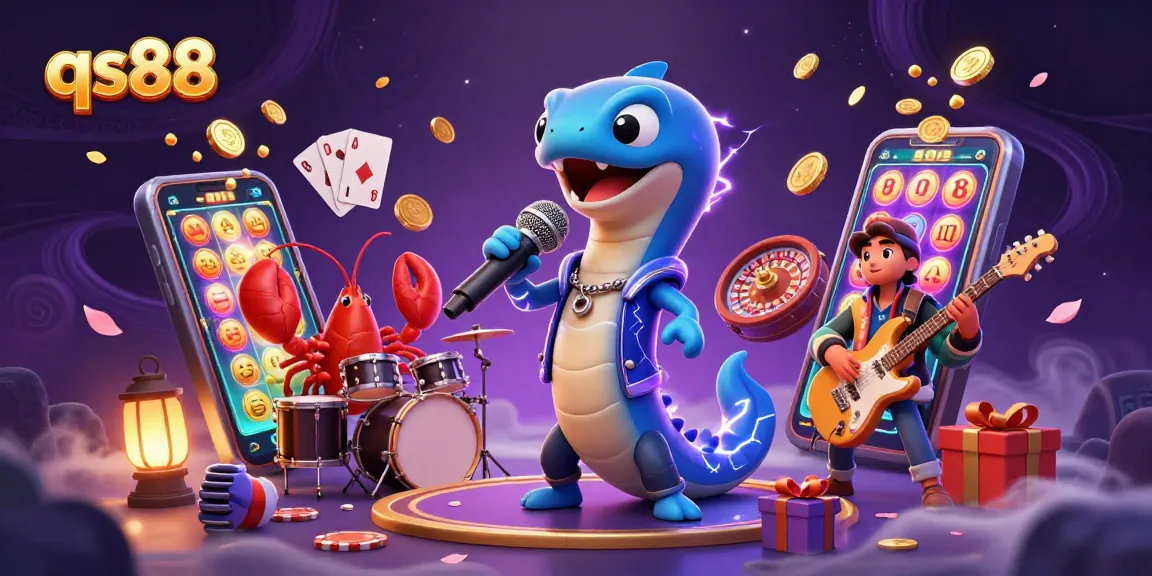 Dynamic underwater casino scene featuring qs88 elements, an electric eel DJ, and vibrant slot games.