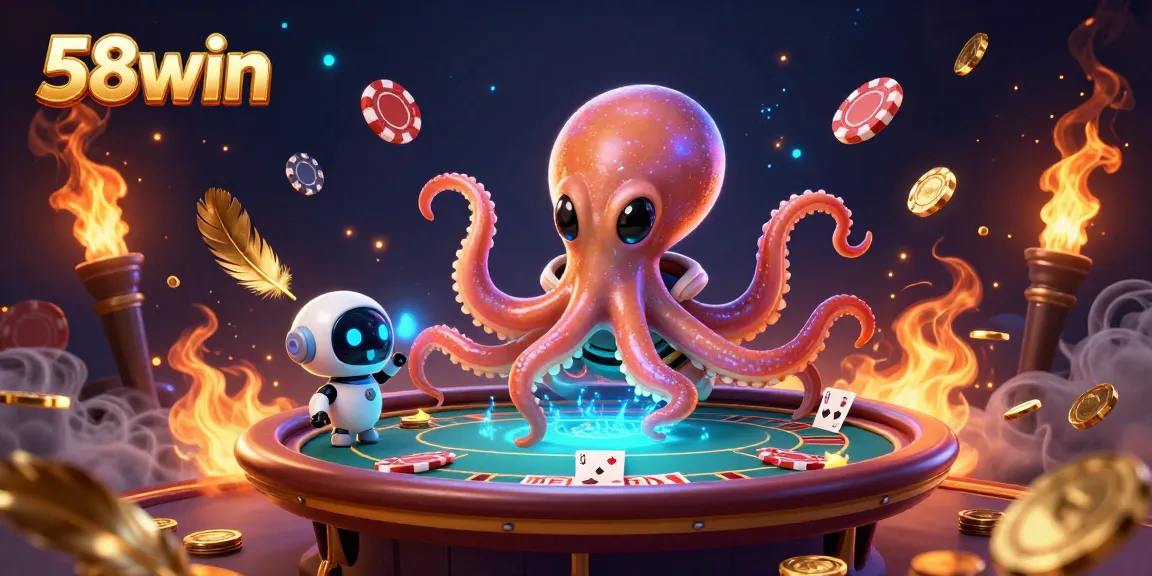 Experience the thrilling world of 58win with a vibrant casino scene featuring an alien octopus at a poker table.