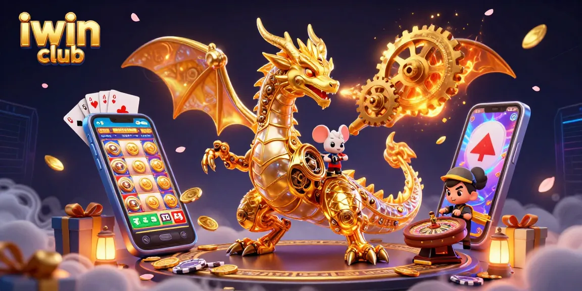 Engage with iwin club's thrilling slot games amidst golden coins and a dynamic 3D dragon.