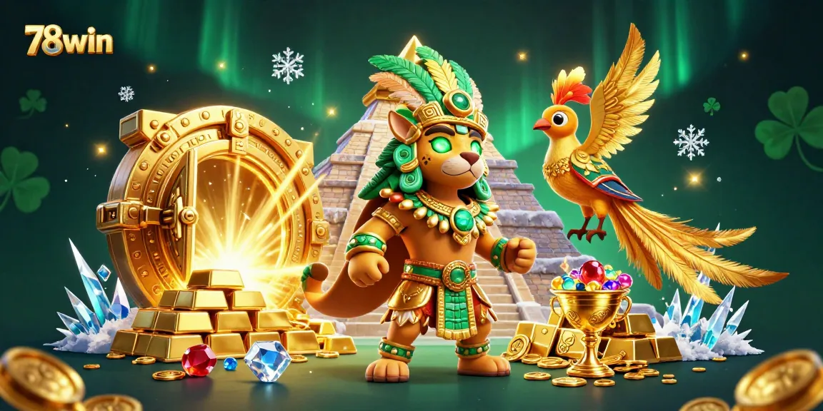 Engage with 78win's thrilling casino adventure featuring dynamic jaguar and quetzal characters amidst treasures.