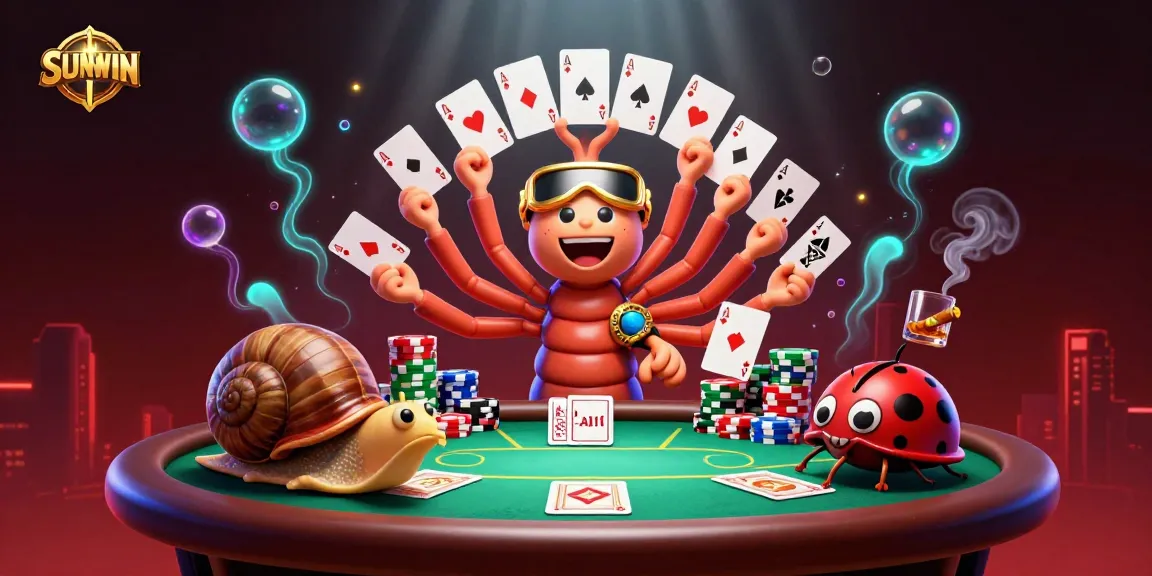 Engage with SUNWIN's dynamic card gameplay featuring a cartoon millipede dealer at a colorful poker table.