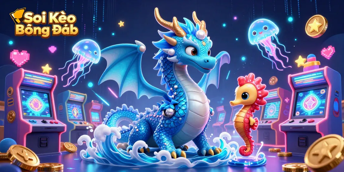 Soi Kèo Bóng Đá illustration featuring a water dragon, coral knight, and neon jellyfish amidst vibrant gaming elements.