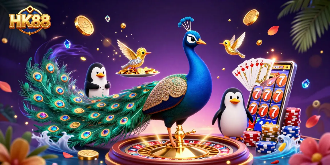 Experience the thrill at HK88 with dynamic casino action and vibrant characters amidst a lively backdrop.