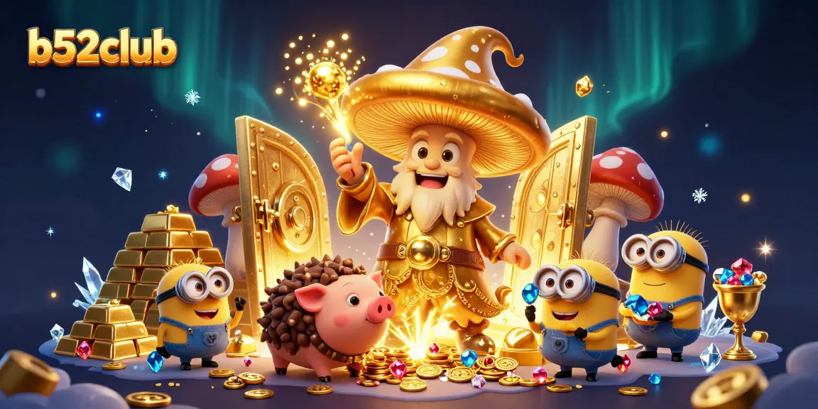 Experience casino magic with b52club's golden wizard, treasure, and dynamic gaming elements.