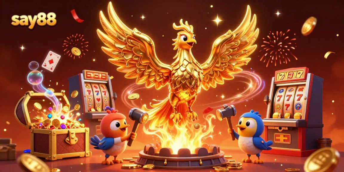 Engage in thrilling gameplay at say88 with a majestic phoenix granting bonuses amidst a casino atmosphere.