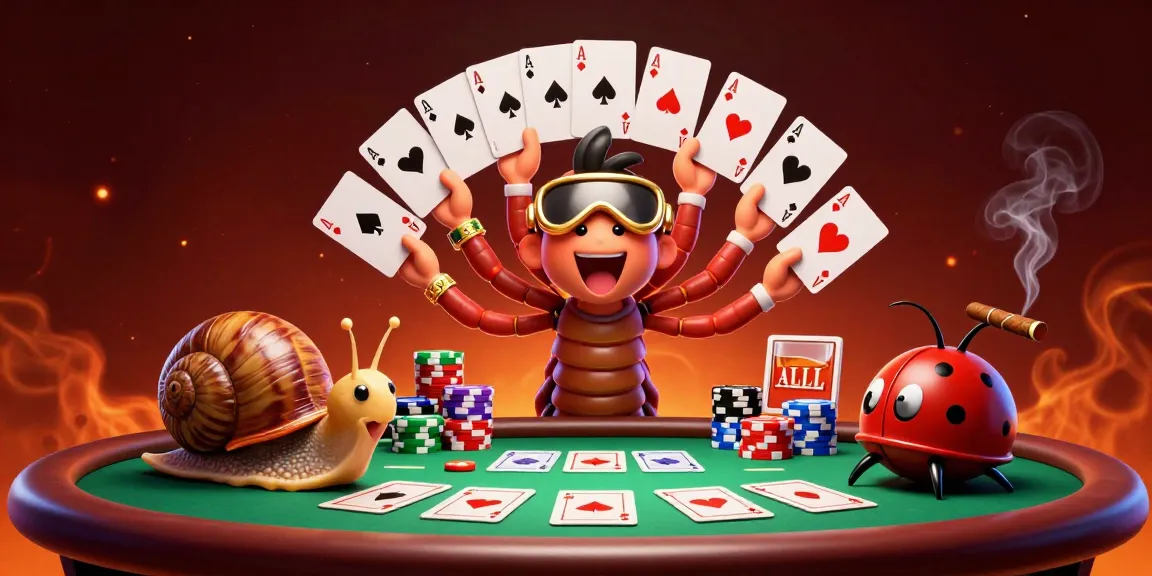 Engaging scene showcasing Raja game with a cartoon millipede dealer and high-roller snail amid vibrant casino action.