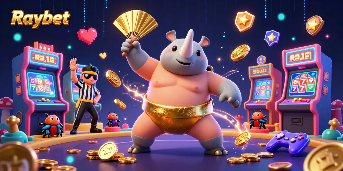 Raybet features a dynamic scene with a beetle sumo champion sending gold coins flying, surrounded by exciting game elements.