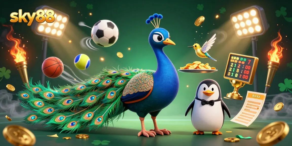 Engage with sky88's thrilling sports betting atmosphere featuring a charming peacock, penguin butler, and a hummingbird.