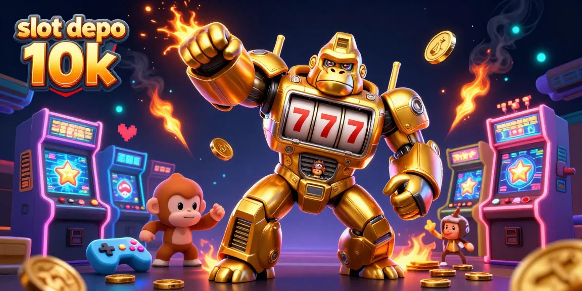 Experience slot depo 10k with an explosive 3D casino illustration featuring a golden gorilla mech and vibrant arcade elements.