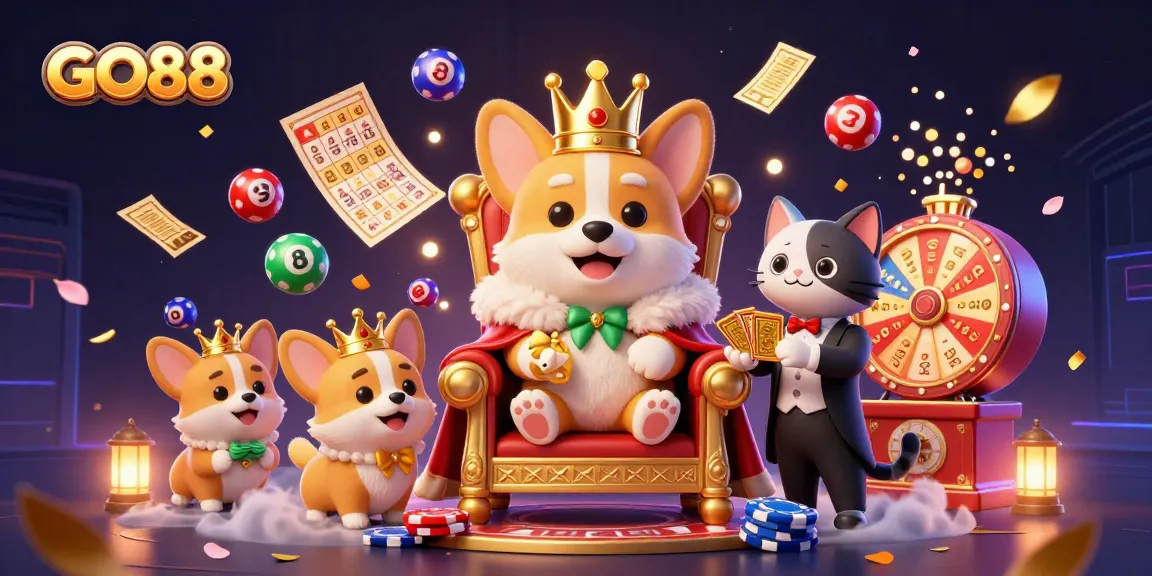 Experience GO88 in a dynamic gaming illustration showcasing a royal corgi and cat butler.