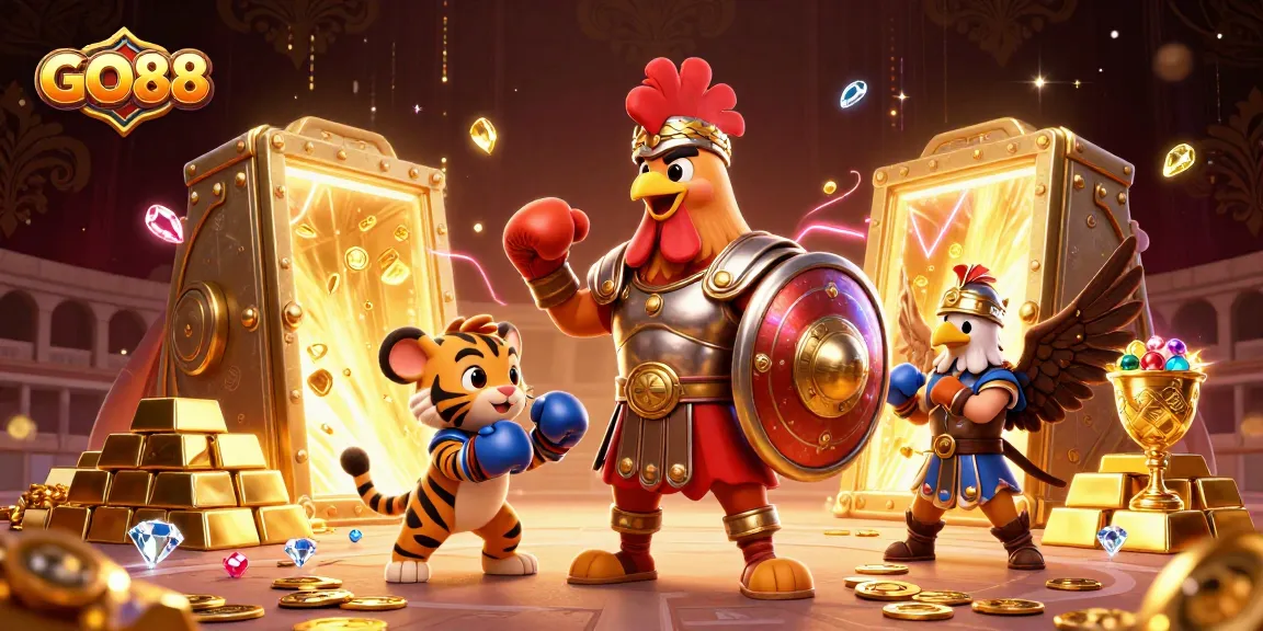 Engage with the dynamic GO88 casino world, featuring a bold rooster gladiator and riches in a vibrant illustration.